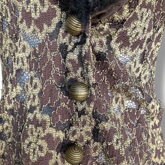 Y2K Ann Ferriday Brown Gold Lace Jacket Faux Fur Collar Victorian Boho Romantic - Picture 5 of 11